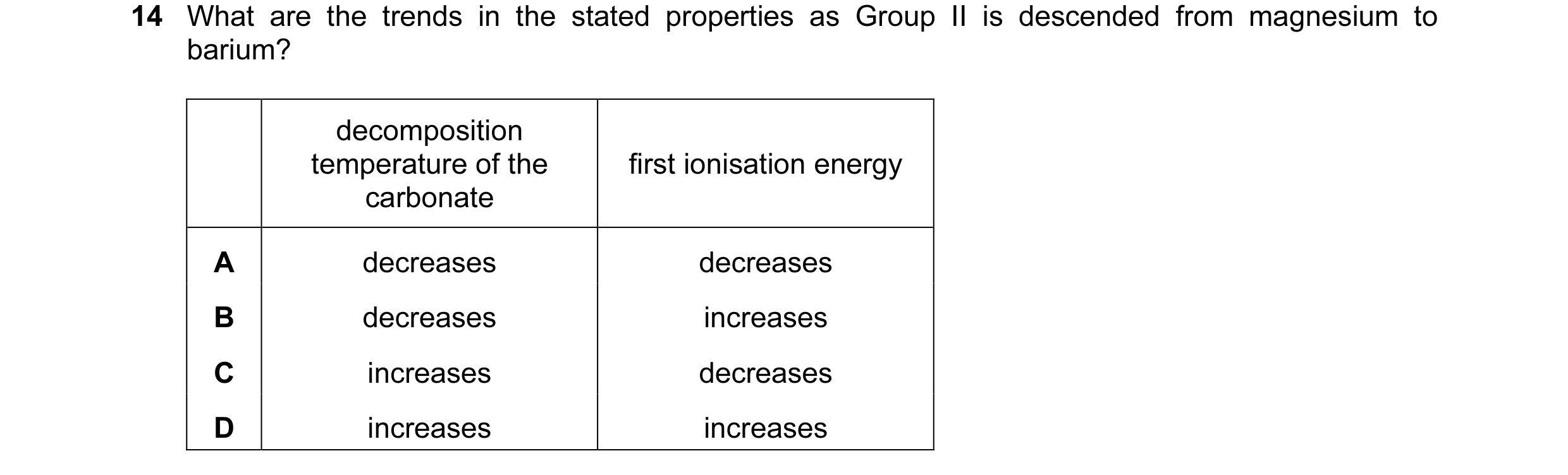 Question 58: What are the trends in the stated properties as Group II is descended from magnesium to barium? decomposition temperature of the first ioni…