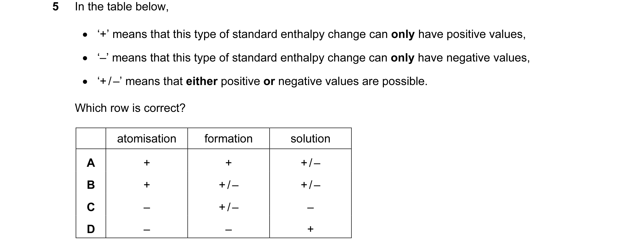 Question 2: In the table below, • ‘+’ means that this type of standard enthalpy change can only have positive values, • ‘–’ means that this type of sta…