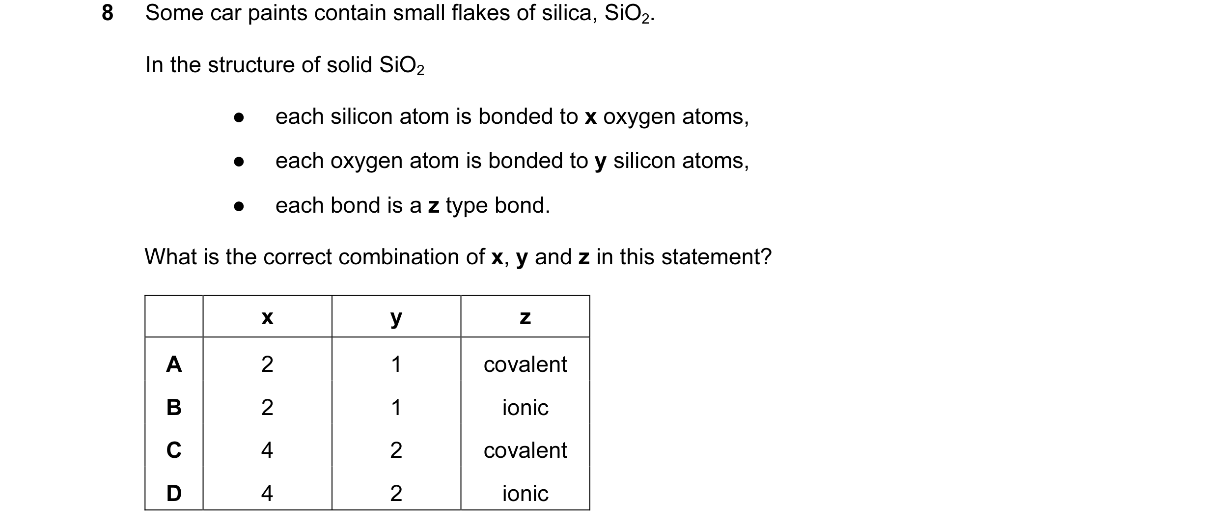 Question 24: Some car paints contain small flakes of silica, SiO2. In the structure of solid SiO2 ● each silicon atom is bonded to x oxygen atoms, ● eac…
