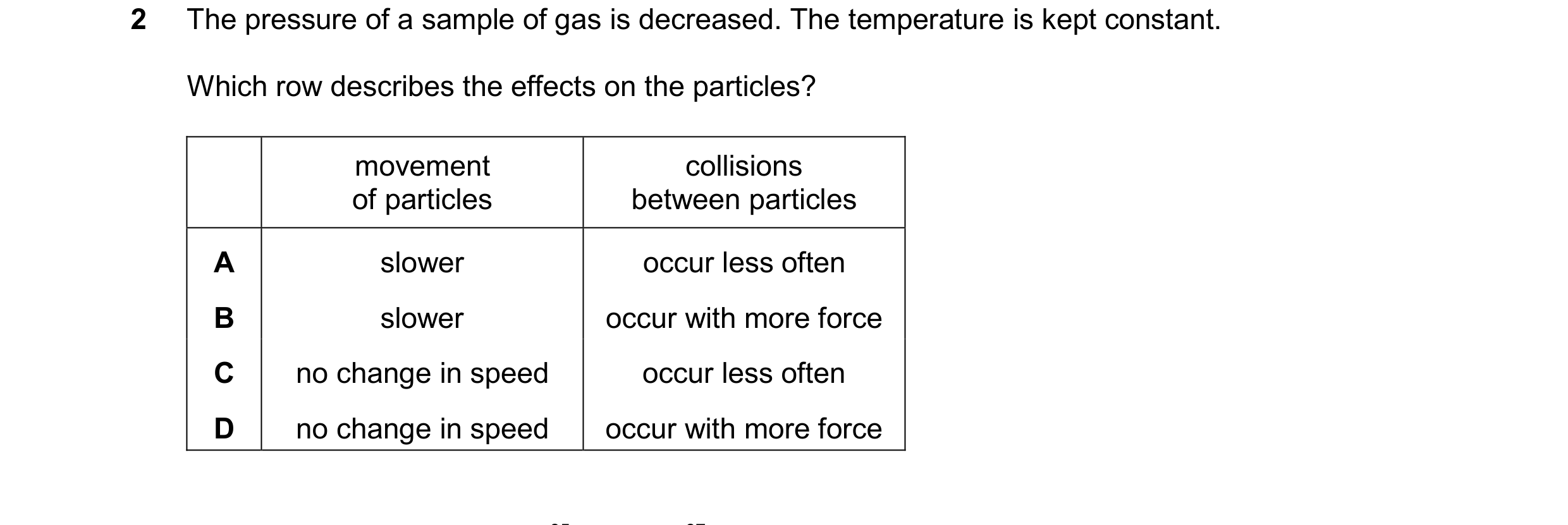 Question 11: The pressure of a sample of gas is decreased. The temperature is kept constant. Which row describes the effects on the particles? movement …