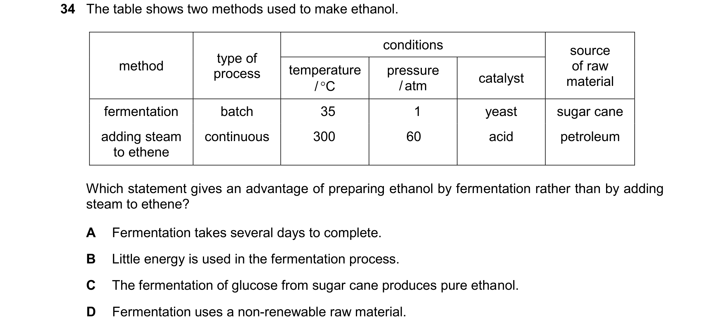 Question 27: The table shows two methods used to make ethanol. conditions source type of method temperature pressure of raw process catalyst / C / atm …