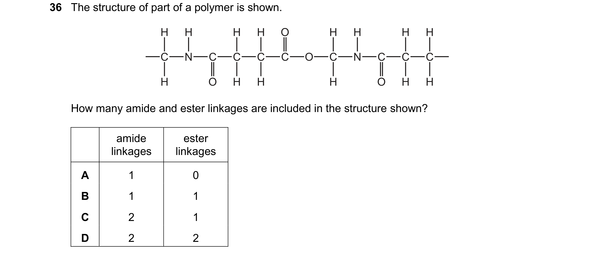 Question 28: The structure of part of a polymer is shown. H H H H O H H H H C N C C C C O C N C C C H O H H H O H H How many amide and ester linkages ar…