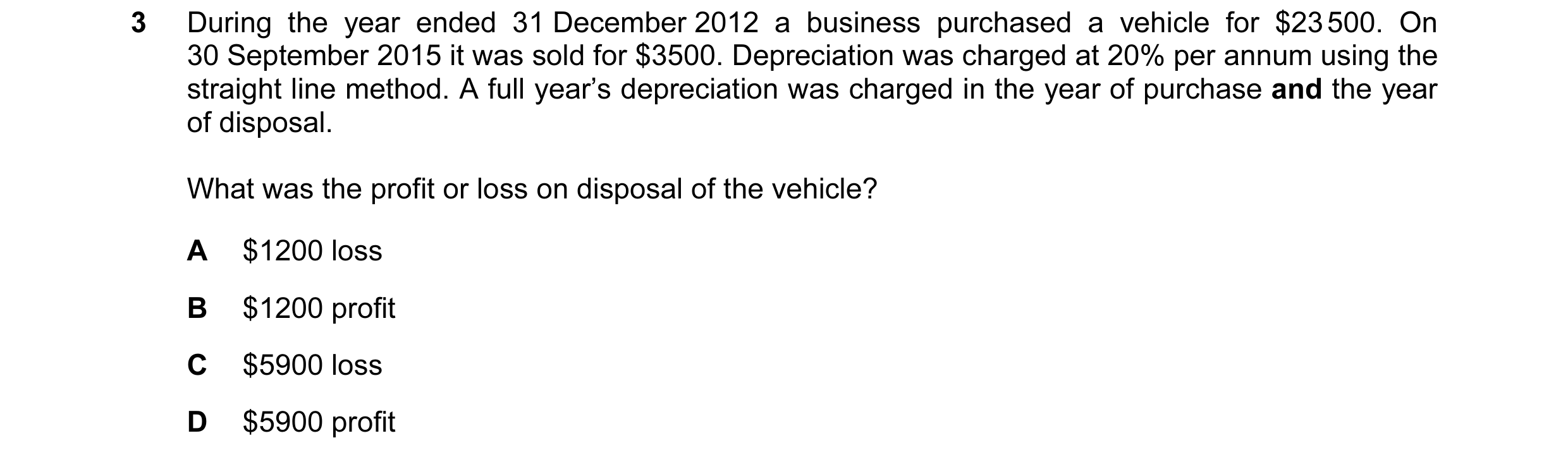 Question 121: During the year ended 31 December 2012 a business purchased a vehicle for $23 500. On 30 September 2015 it was sold for $3500. Depreciation…