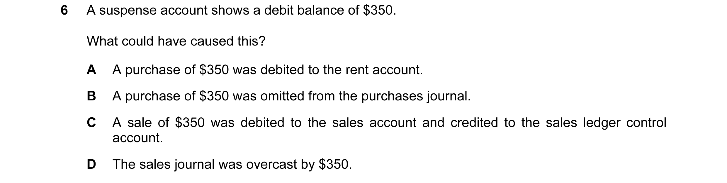Question 190: A suspense account shows a debit balance of $350. What could have caused this? A A purchase of $350 was debited to the rent account. B A pu…