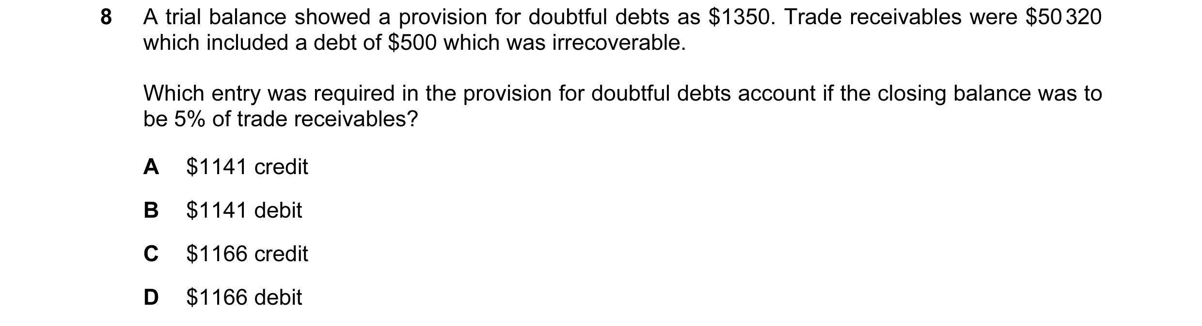 Question 521: A trial balance showed a provision for doubtful debts as $1350. Trade receivables were $50 320 which included a debt of $500 which was irre…