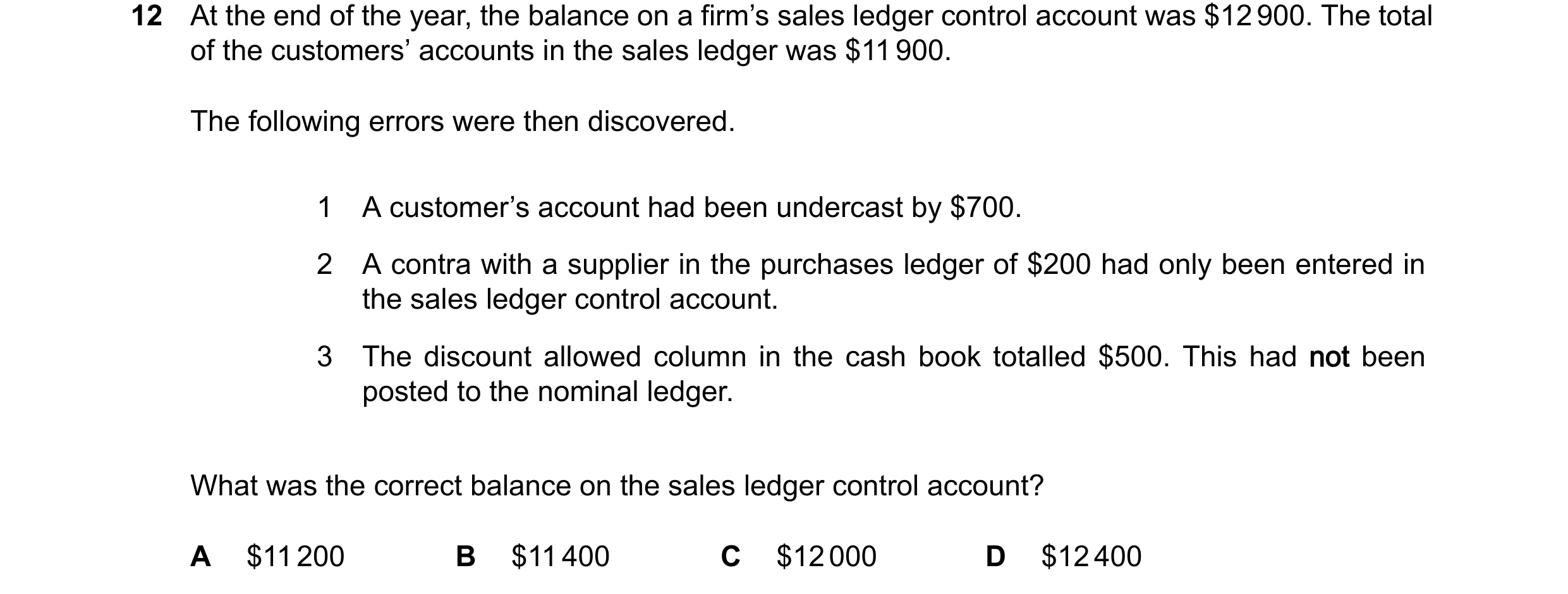 Question 398: At the end of the year, the balance on a firm’s sales ledger control account was $12900. The total of the customers’ accounts in the sales …