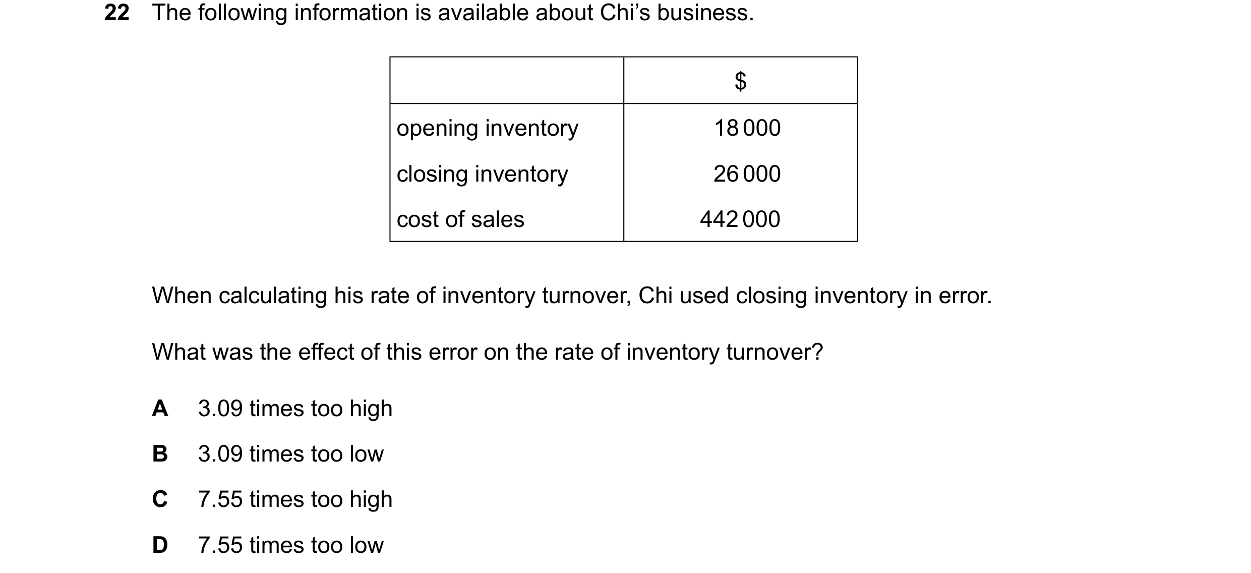 Question 334: The following information is available about Chi’s business. $ opening inventory 18000 closing inventory 26000 cost of sales 442000 When ca…