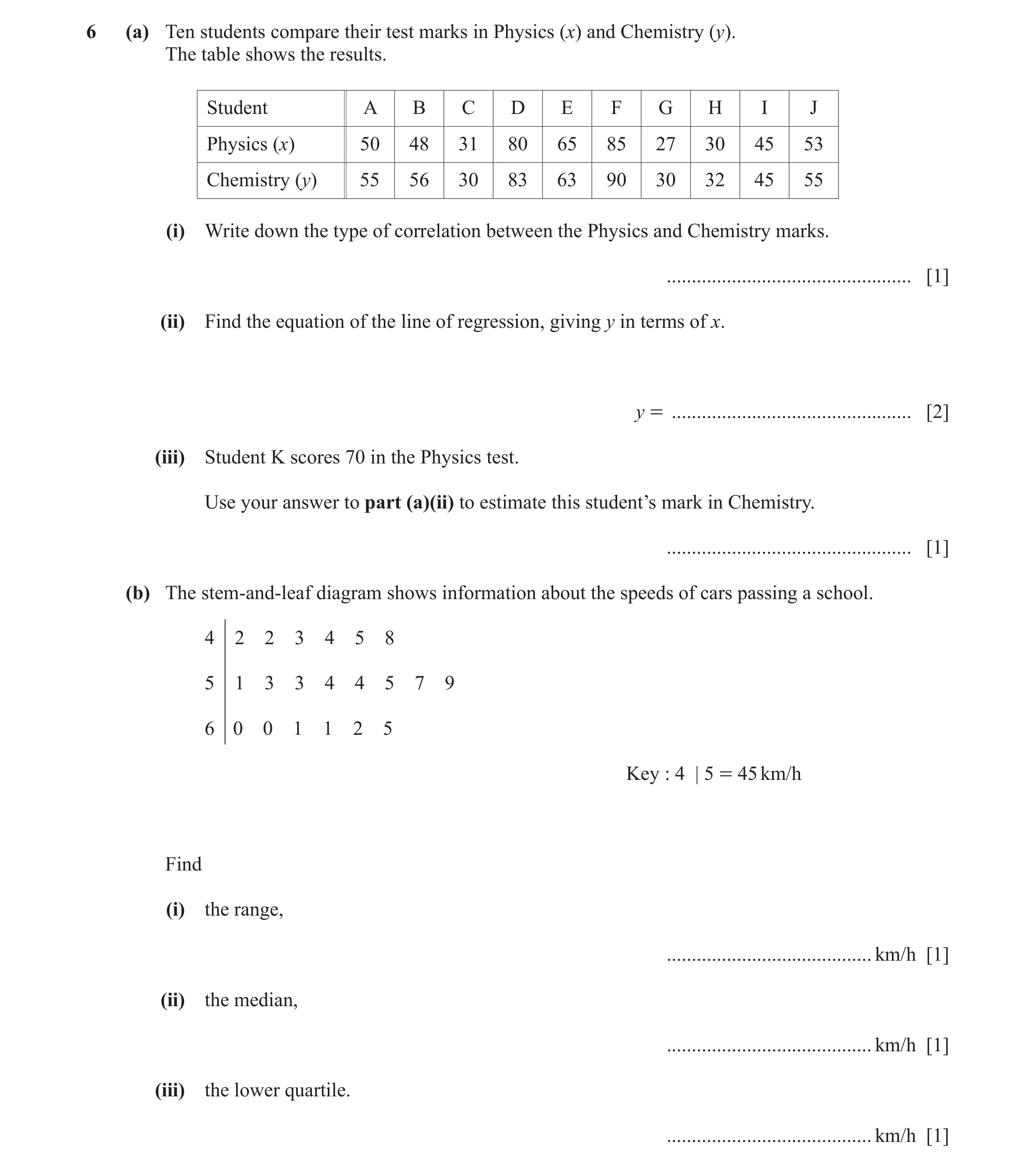 Question 13: (a) Ten students compare their test marks in Physics (x) and Chemistry (y). The table shows the results. Student A B C D E F G H I J Physic…
