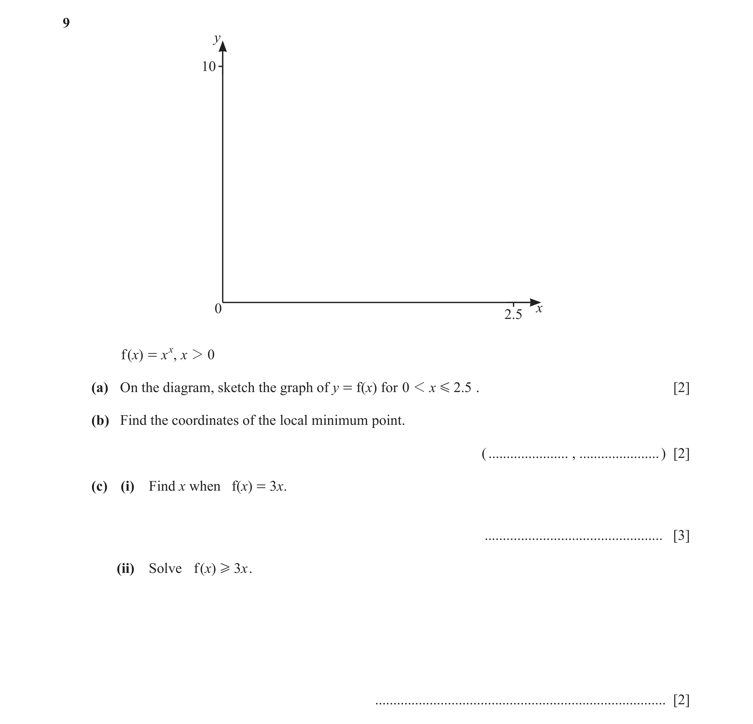 Question 45: y 10 0 x 2.5 f ( x) = x x, x 2 0 (a) On the diagram, sketch the graph of y = f(x) for 0 1 x G 2.5 . [2] (b) Find the coordinates of the loc…