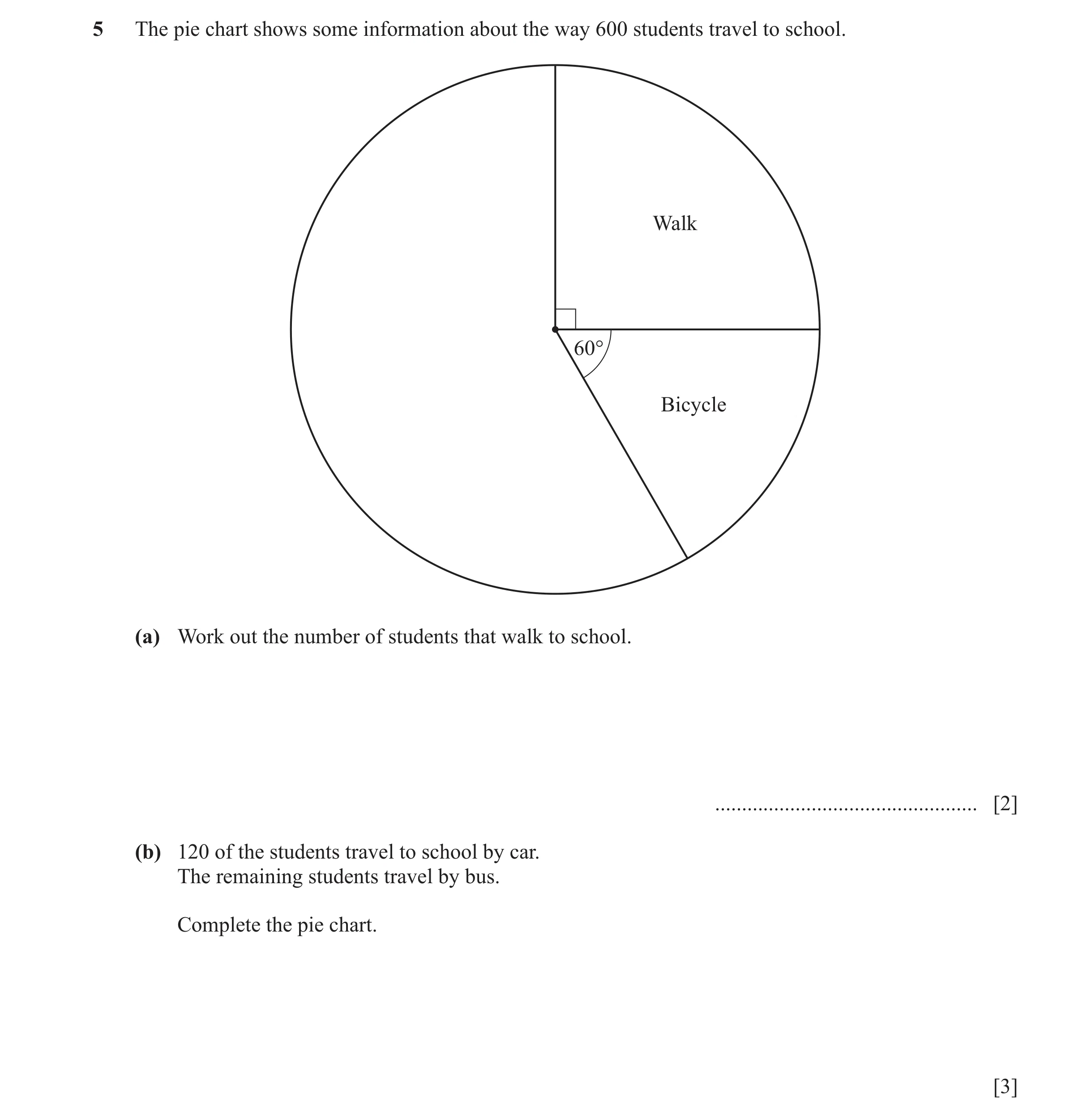 Question 22: The pie chart shows some information about the way 600 students travel to school. Walk 60° Bicycle (a) Work out the number of students that…