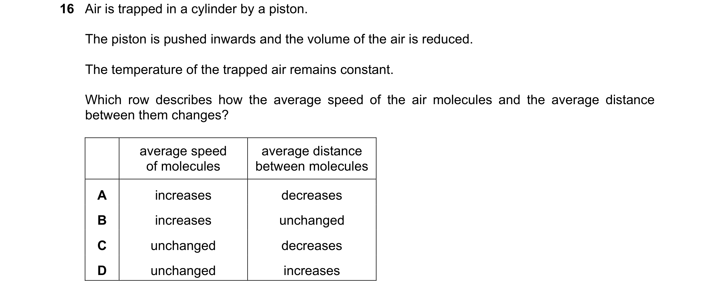 Question 147: Air is trapped in a cylinder by a piston. The piston is pushed inwards and the volume of the air is reduced. The temperature of the trapped…