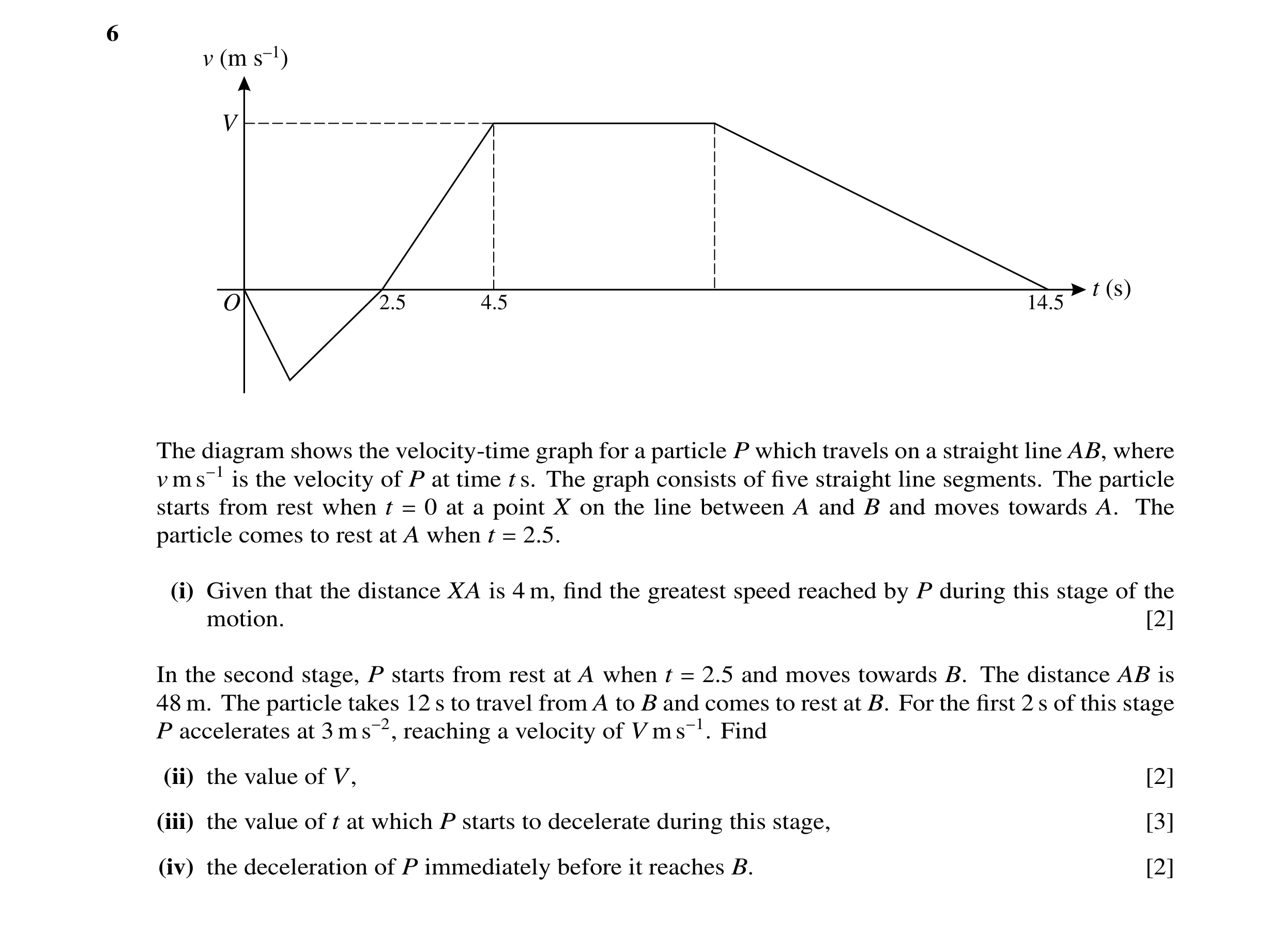 Question 48: v (m s –1) V t (s) O 2.5 4.5 14.5 The diagram shows the velocity-time graph for a particle P which travels on a straight line AB, where v m…