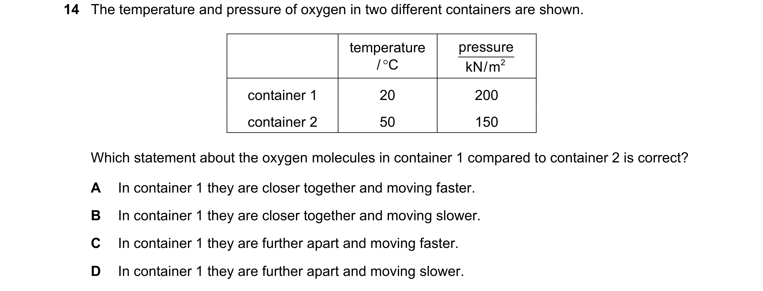 Question 10: The temperature and pressure of oxygen in two different containers are shown. temperature p r es ur s e / C kN / m 2 container 1 20 200 co…