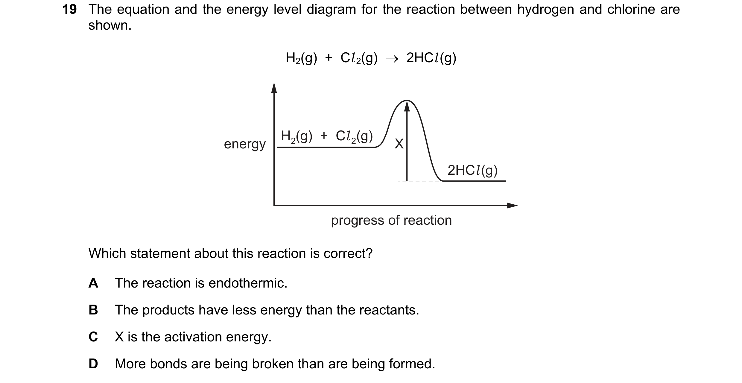 Question 24: The equation and the energy level diagram for the reaction between hydrogen and chlorine are shown. H2(g) + Cl 2(g) 2HCl (g) H2(g) +…