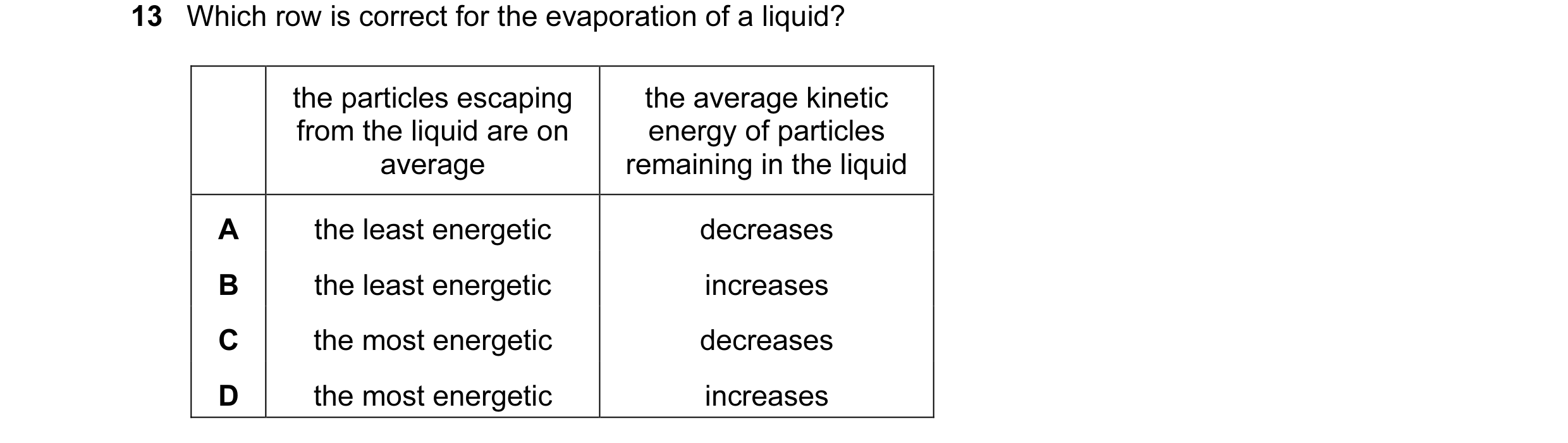 Question 99: Which row is correct for the evaporation of a liquid? the particles escaping the average kinetic from the liquid are on energy of particles…