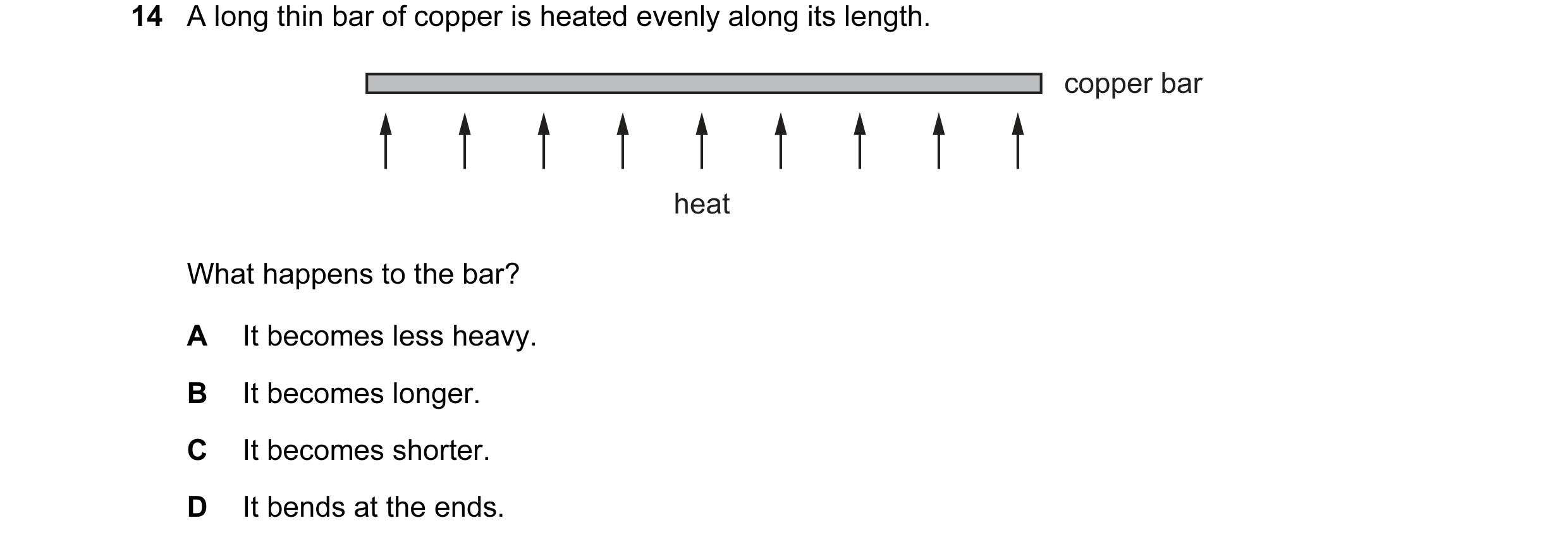 Question 100: A long thin bar of copper is heated evenly along its length. copper bar heat What happens to the bar? A It becomes less heavy. B It becomes…
