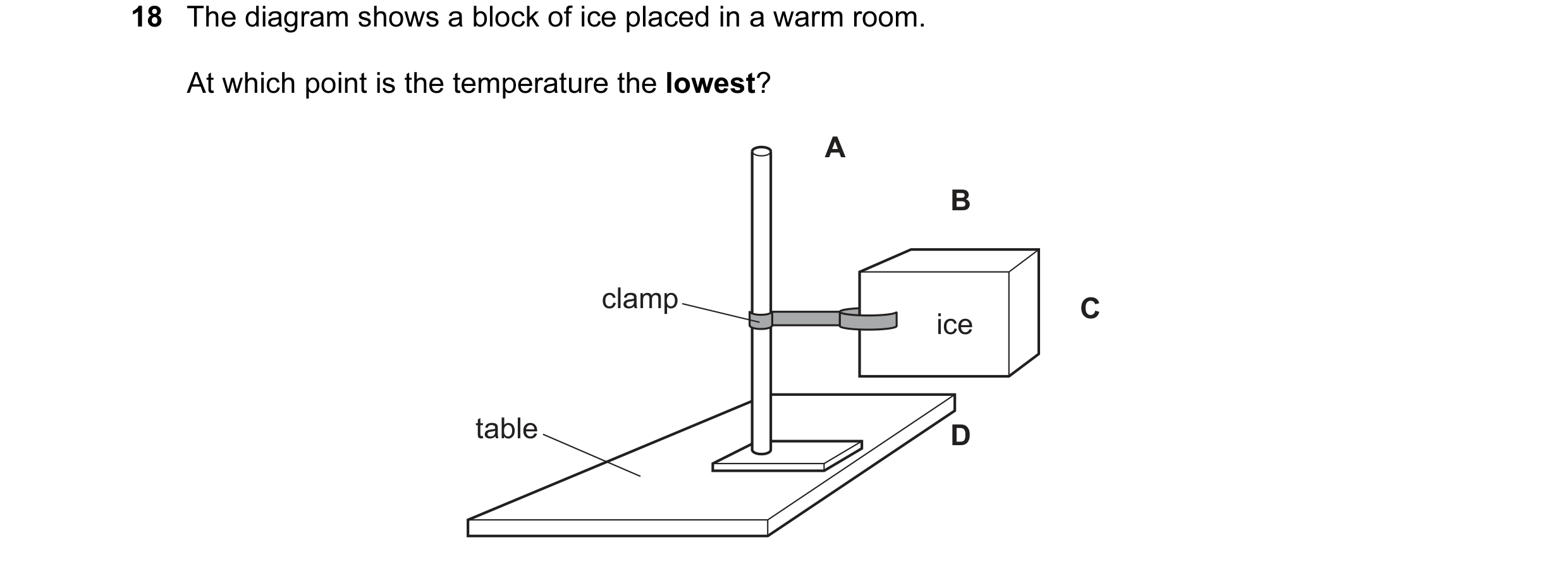 Question 77: The diagram shows a block of ice placed in a warm room. At which point is the temperature the lowest? A B clamp C ice table D