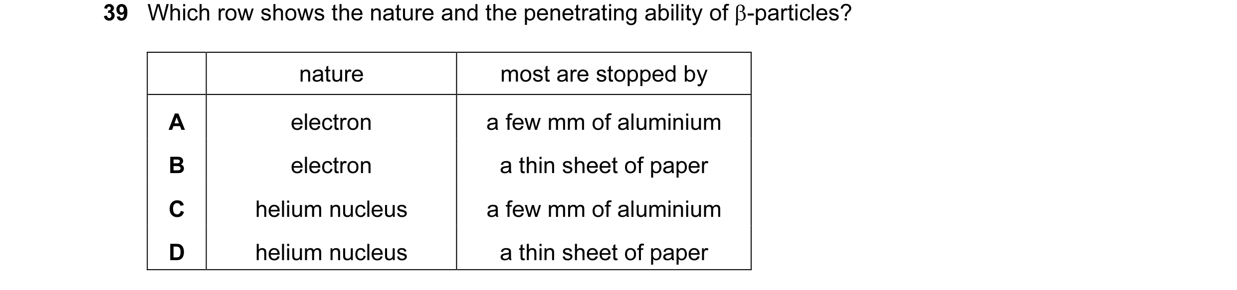 Question 77: Which row shows the nature and the penetrating ability of β-particles? nature most are stopped by A electron a few mm of aluminium B electr…