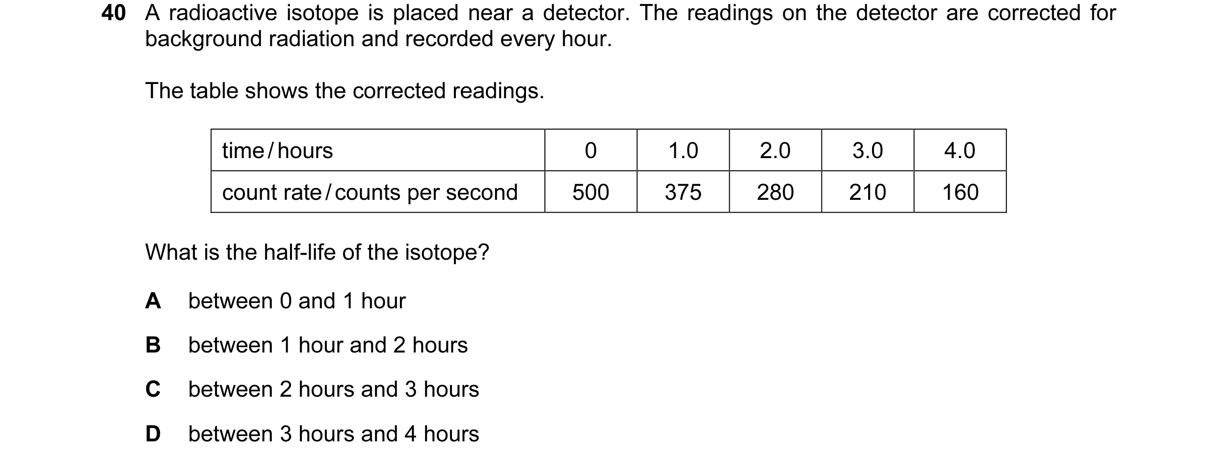Question 78: A radioactive isotope is placed near a detector. The readings on the detector are corrected for background radiation and recorded every hou…