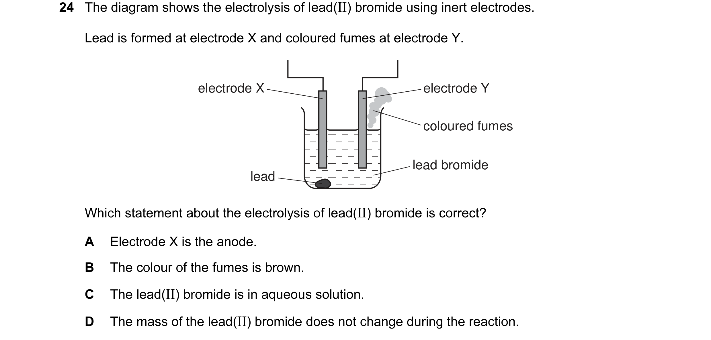 Question 24: The diagram shows the electrolysis of lead(II) bromide using inert electrodes. Lead is formed at electrode X and coloured fumes at electrod…
