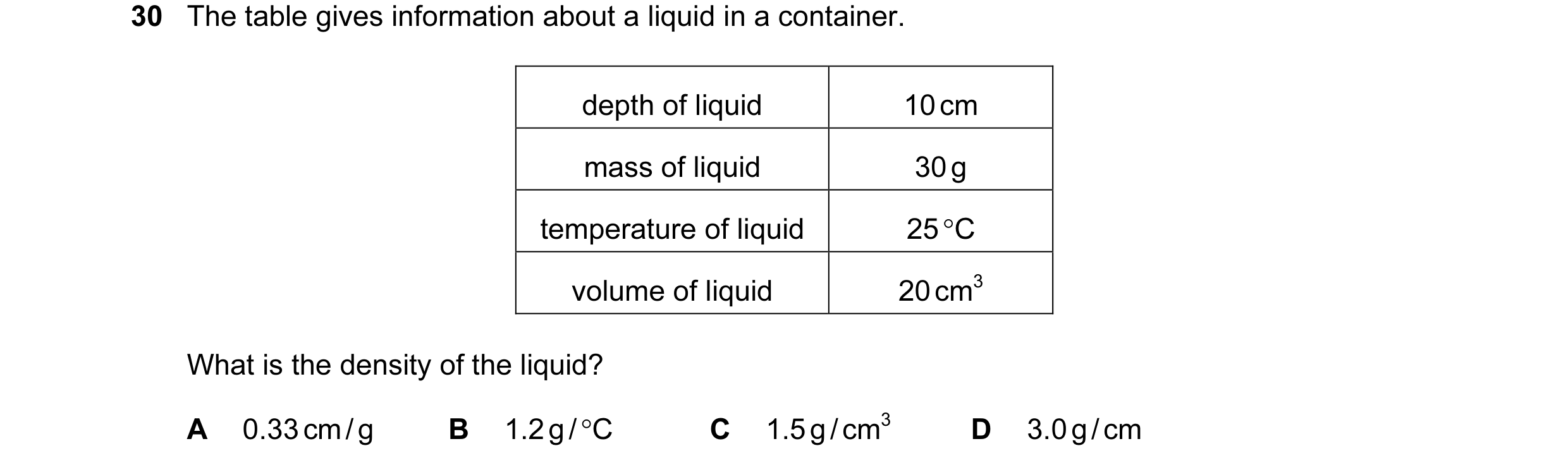 Question 15: The table gives information about a liquid in a container. depth of liquid 10 cm mass of liquid 30 g temperature of liquid 25 °C volume of …
