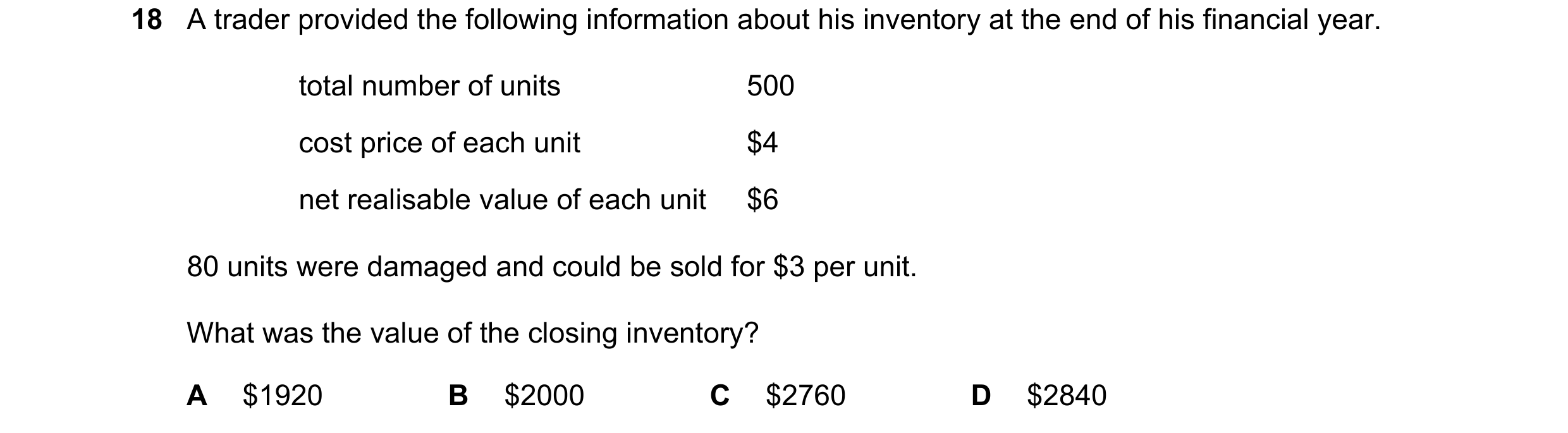 Question 29: A trader provided the following information about his inventory at the end of his financial year. total number of units 500 cost price of e…
