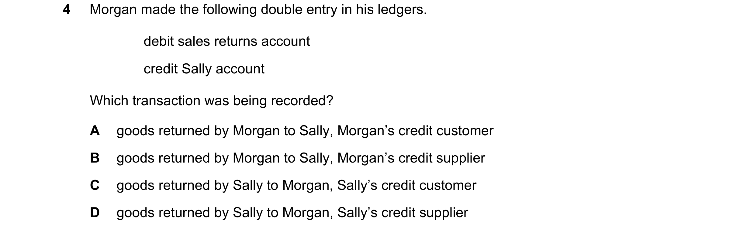 Question 63: Morgan made the following double entry in his ledgers. debit sales returns account credit Sally account Which transaction was being recorde…
