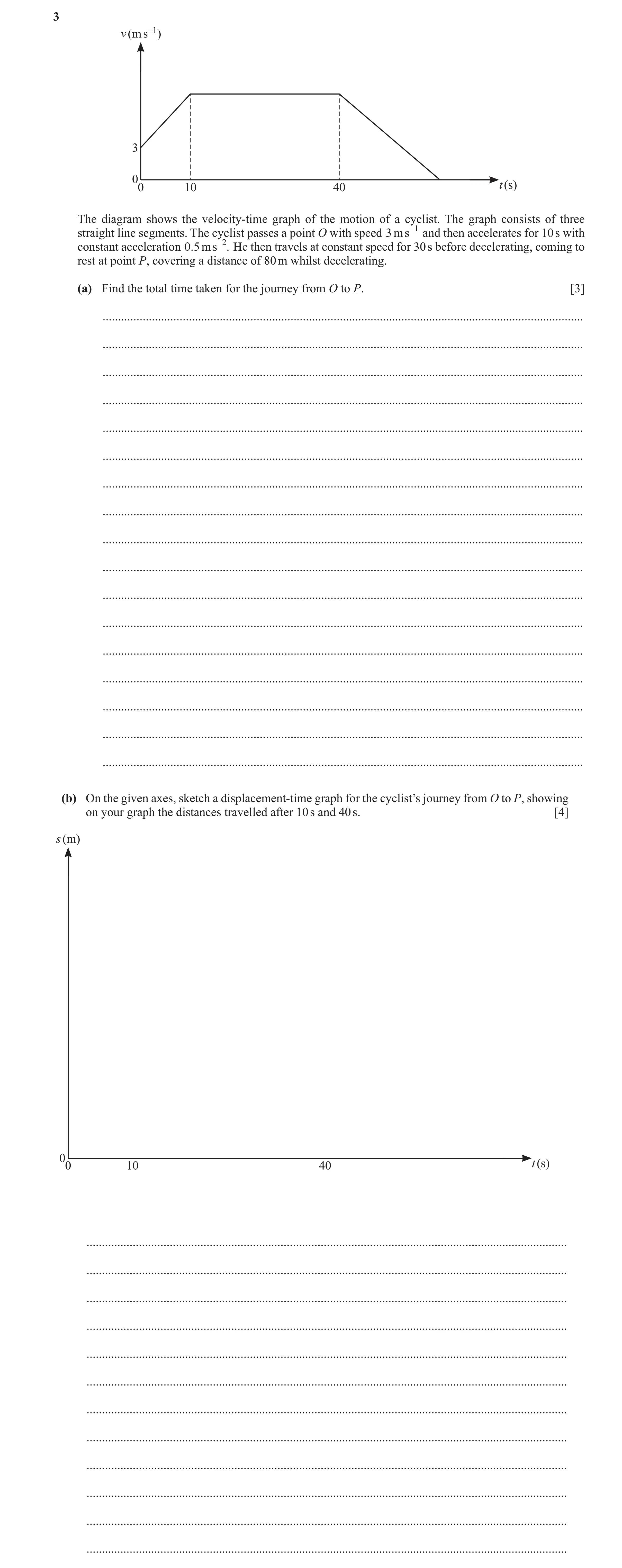 Question 348: v (m s–1) 3 0 0 10 40 t (s) The diagram shows the velocity-time graph of the motion of a cyclist. The graph consists of three straight line…