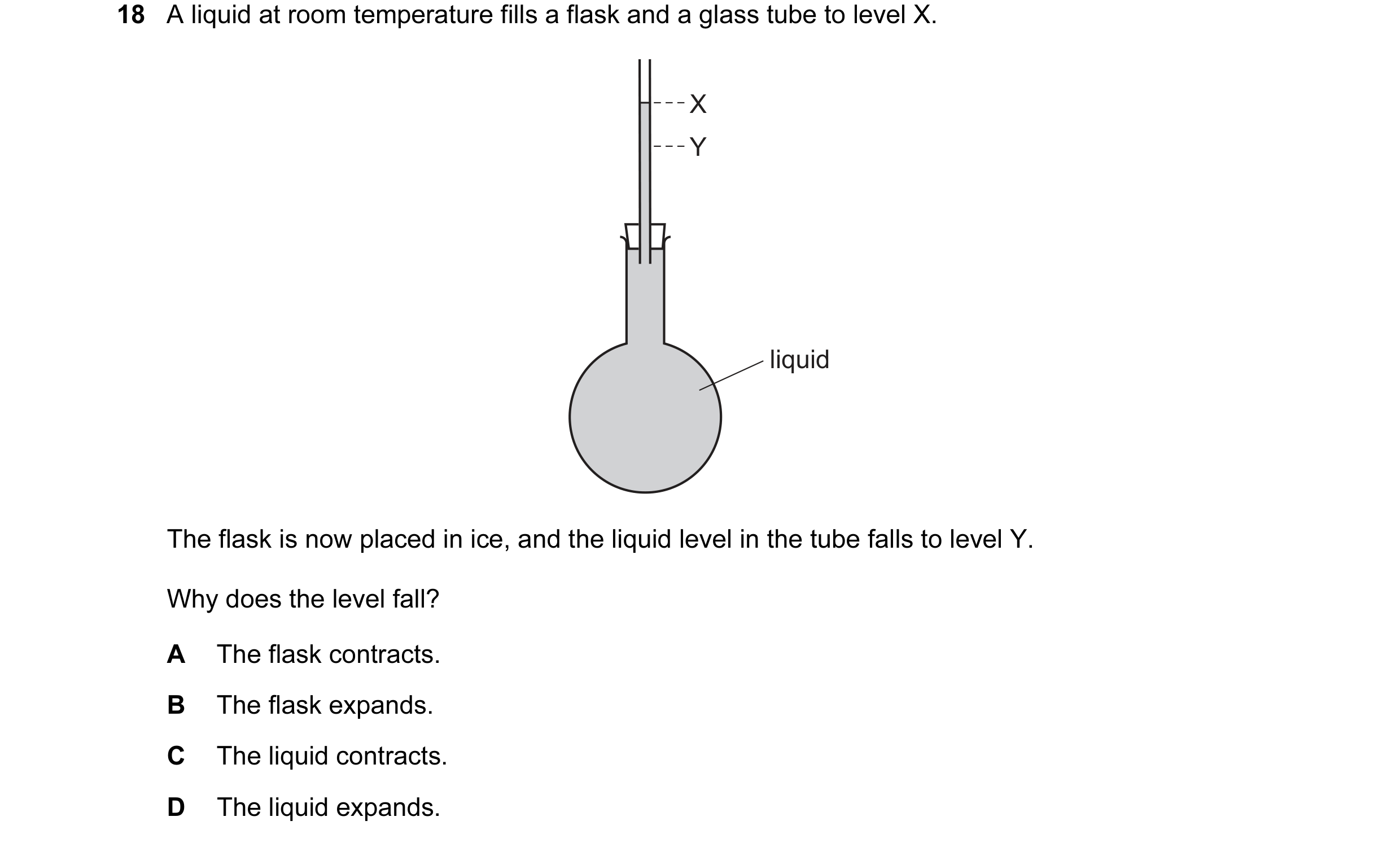Question 119: A liquid at room temperature fills a flask and a glass tube to level X. X Y liquid The flask is now placed in ice, and the liquid level in …