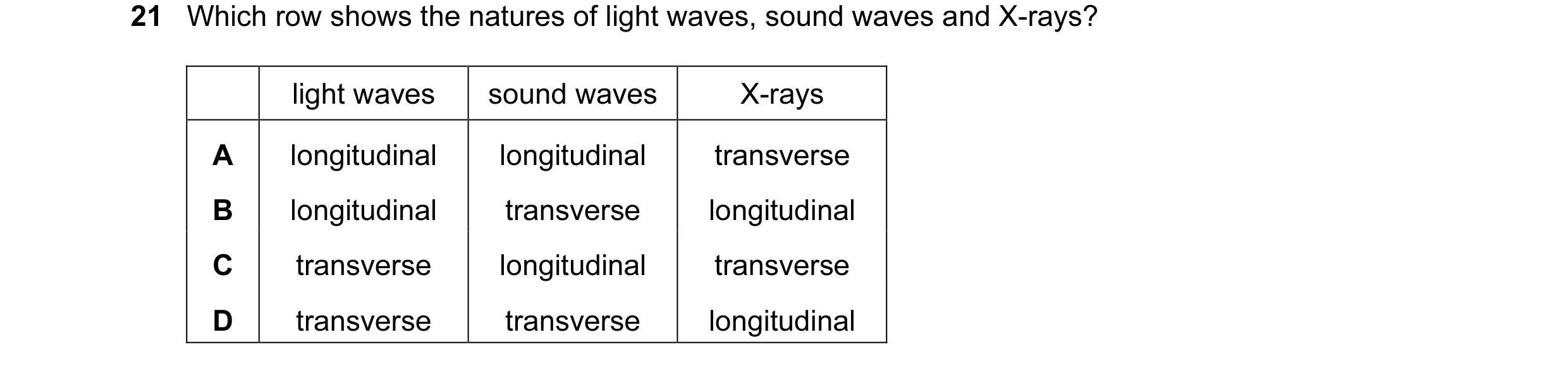 Question 42: Which row shows the natures of light waves, sound waves and X-rays? light waves sound waves X-rays A longitudinal longitudinal transverse B…