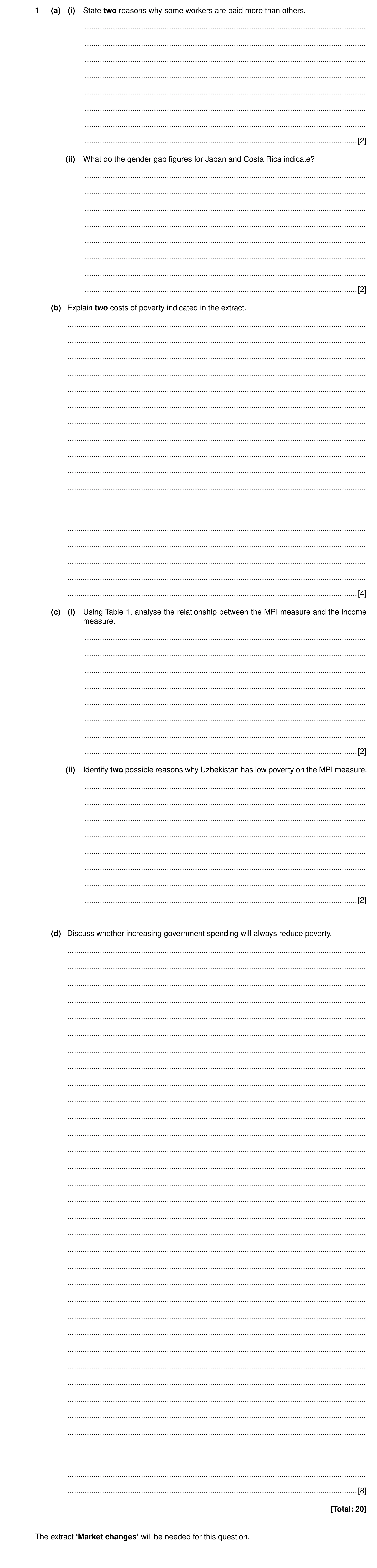 Question 9: (a) (i) State two reasons why some workers are paid more than others. .....................................................................…