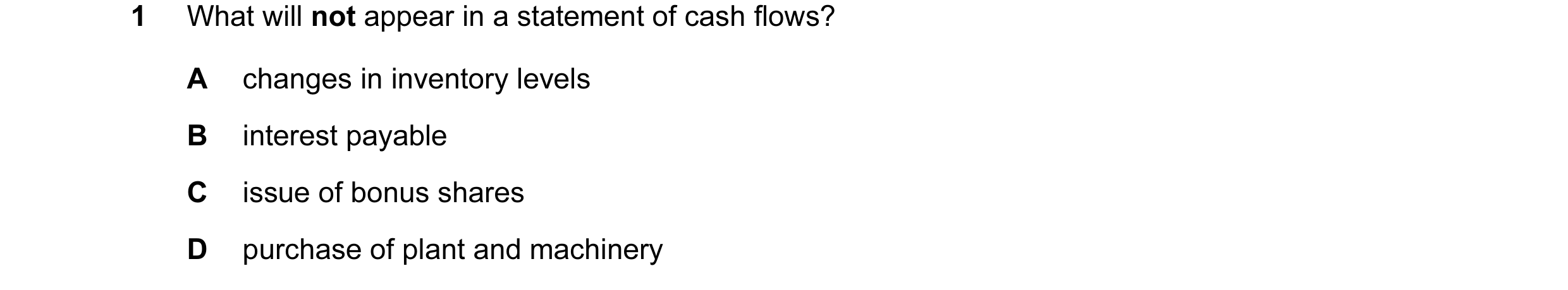Question 94: What will not appear in a statement of cash flows? A changes in inventory levels B interest payable C issue of bonus shares D purchase of p…