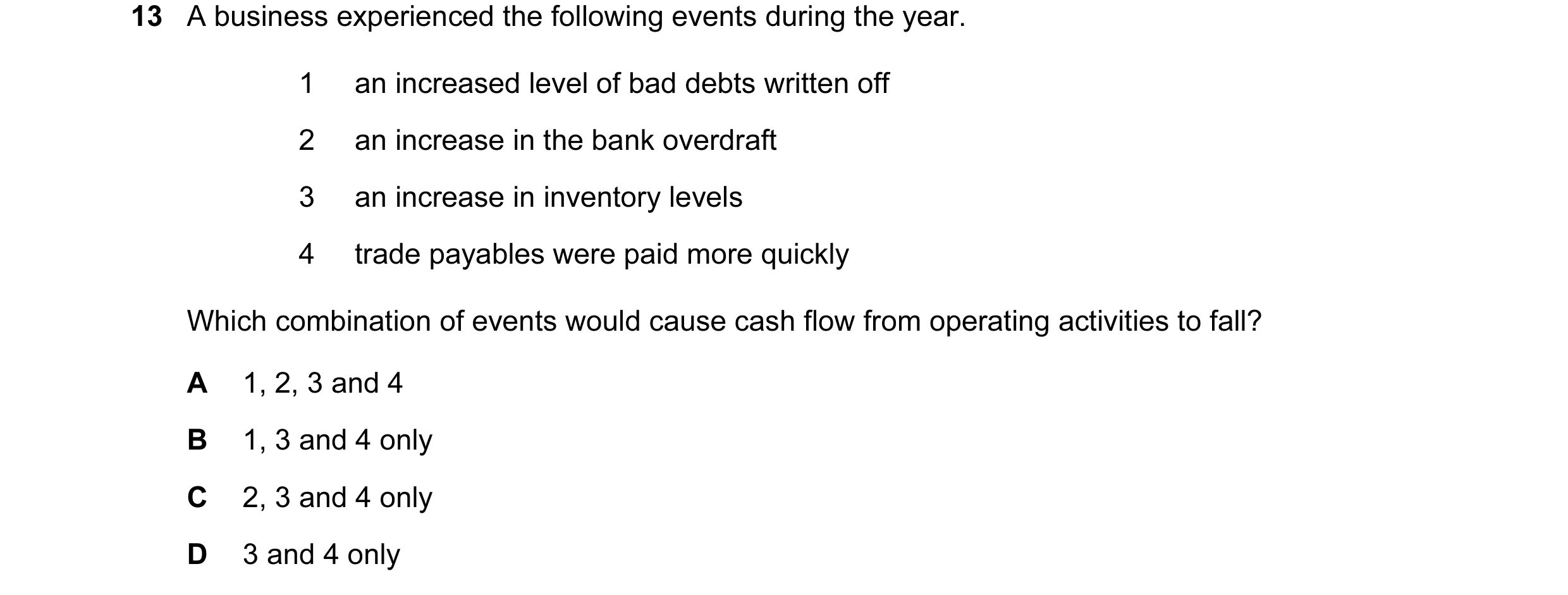 Question 97: A business experienced the following events during the year. 1 an increased level of bad debts written off 2 an increase in the bank overdr…