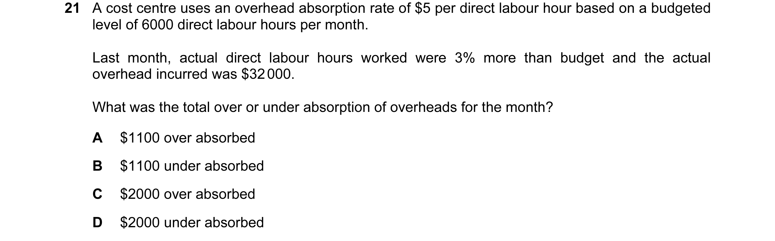 Question 89: A cost centre uses an overhead absorption rate of $5 per direct labour hour based on a budgeted level of 6000 direct labour hours per month…