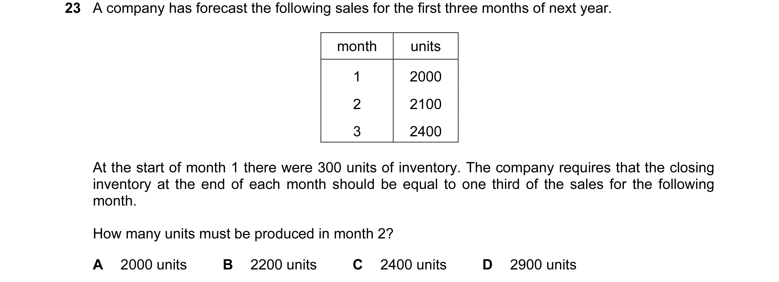 Question 67: A company has forecast the following sales for the first three months of next year. month units 1 2000 2 2100 3 2400 At the start of month …