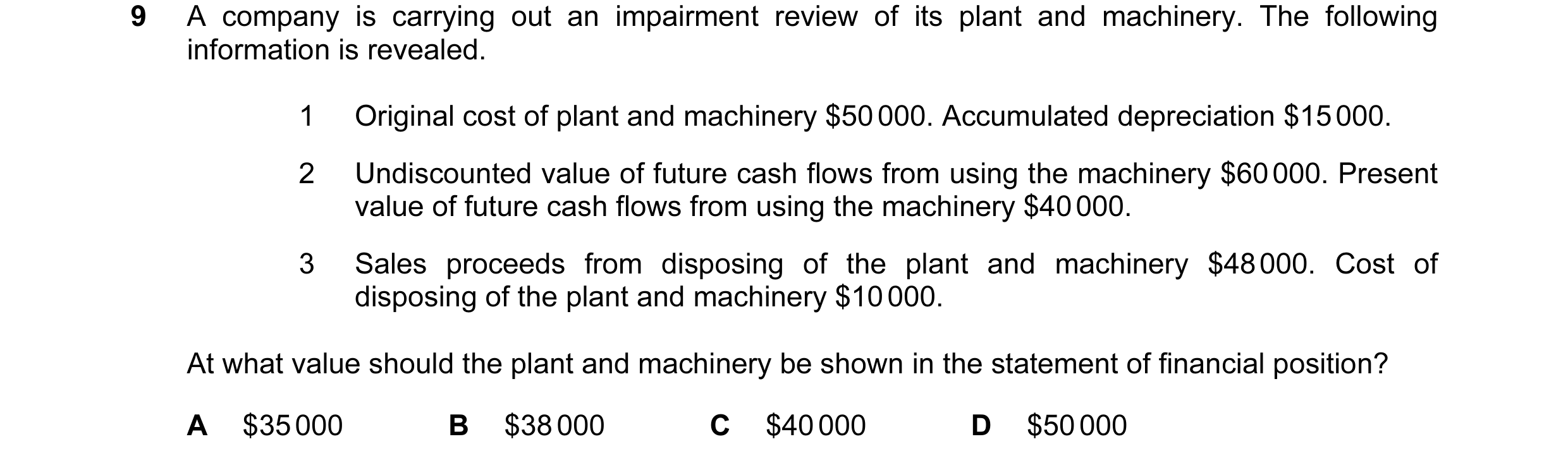 Question 157: A company is carrying out an impairment review of its plant and machinery. The following information is revealed. 1 Original cost of plant …