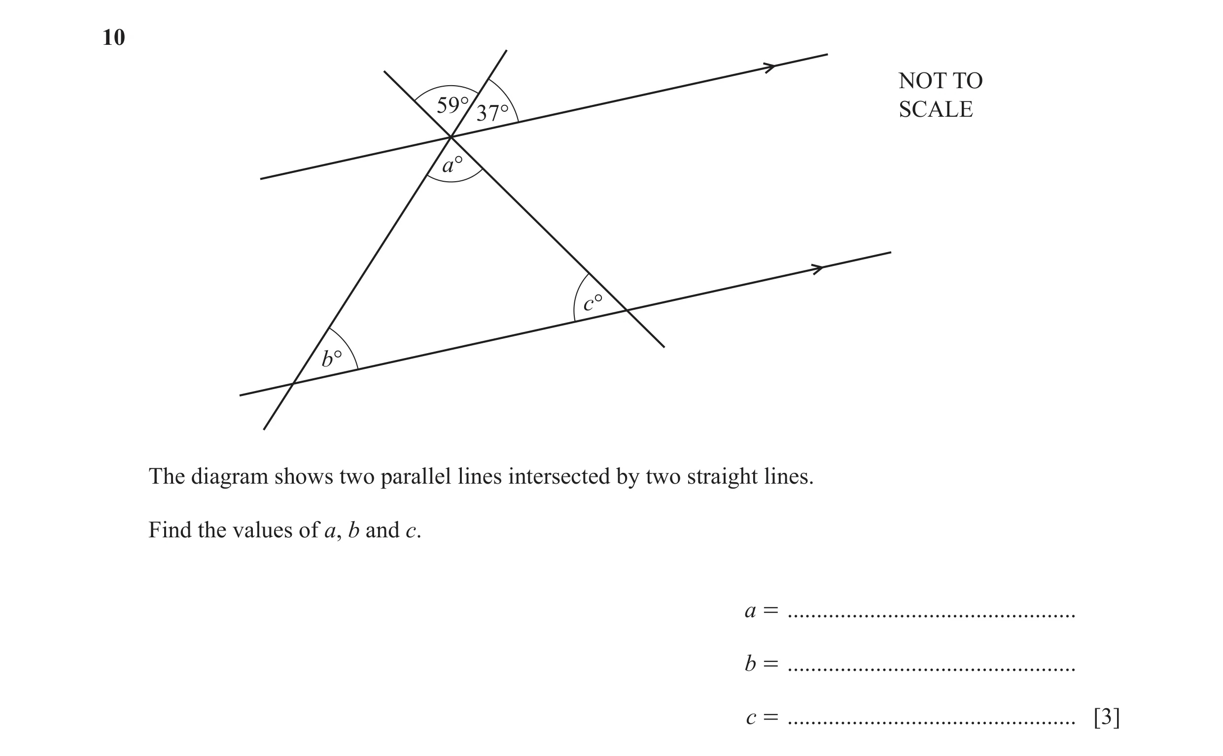 Question 91: NOT TO 59° 37° SCALE a° c° b° The diagram shows two parallel lines intersected by two straight lines. Find the values of a, b and c. a = ..…