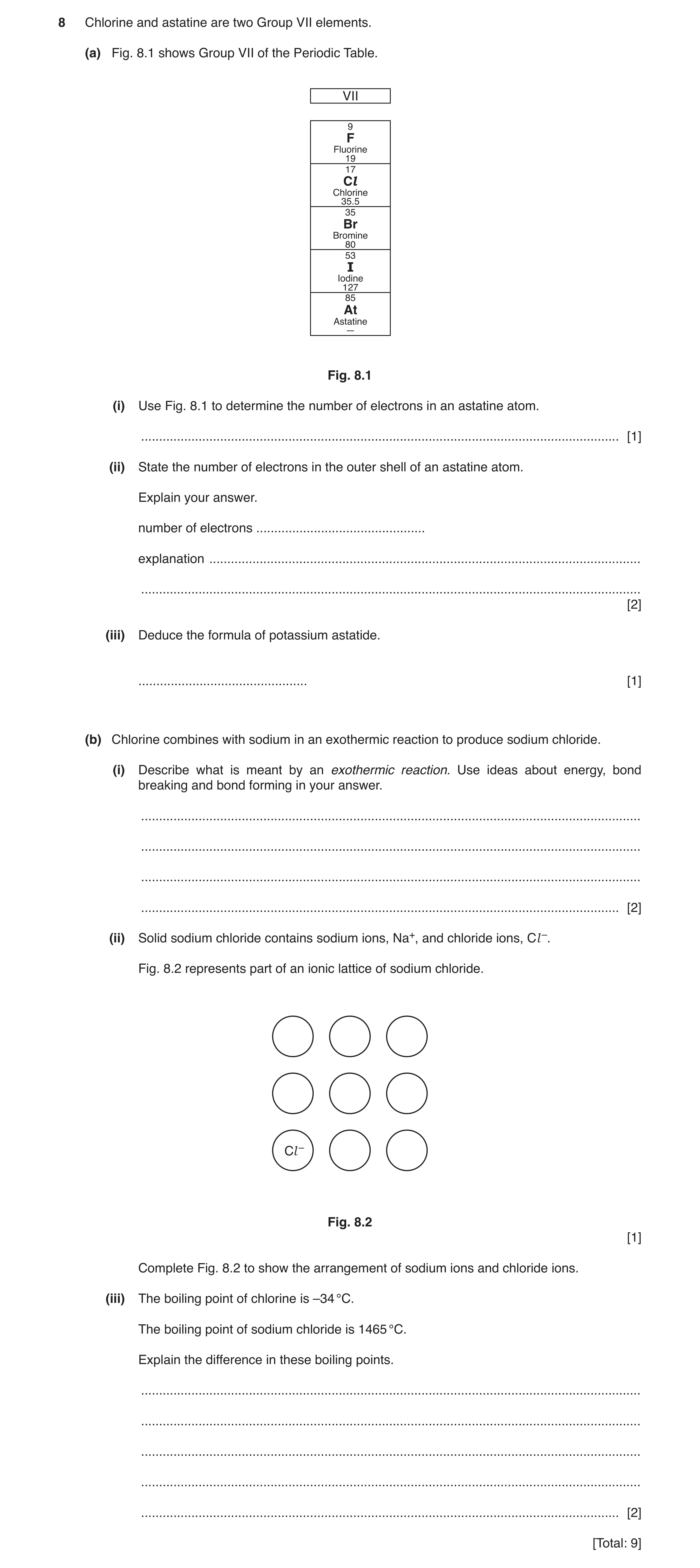 Question 14: Chlorine and astatine are two Group VII elements. (a) Fig. 8.1 shows Group VII of the Periodic Table. VII 9 F Fluorine 19 17 Cl Chlorine 35…