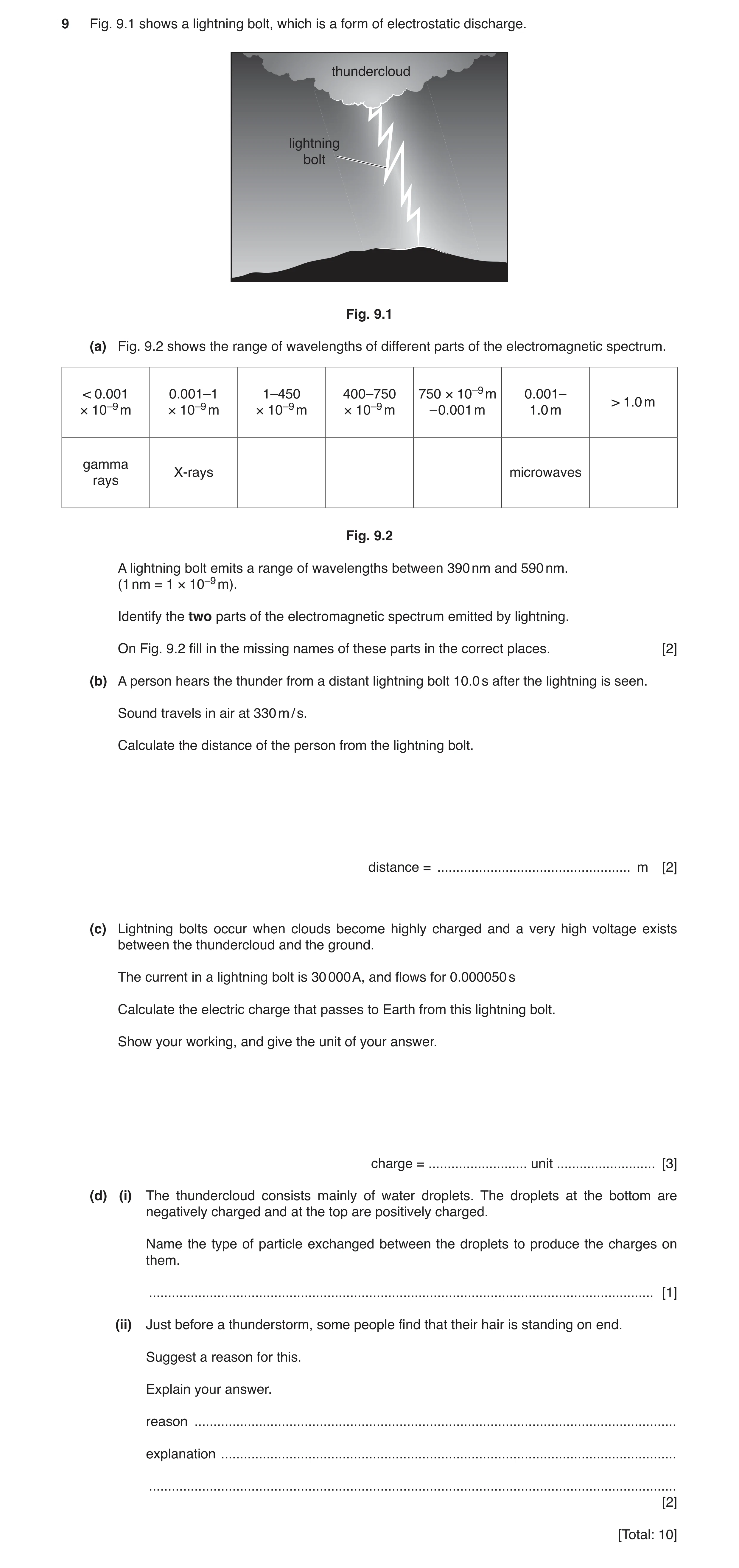 Question 14: Fig. 9.1 shows a lightning bolt, which is a form of electrostatic discharge. thundercloud lightning bolt Fig. 9.1 (a) Fig. 9.2 shows the ra…