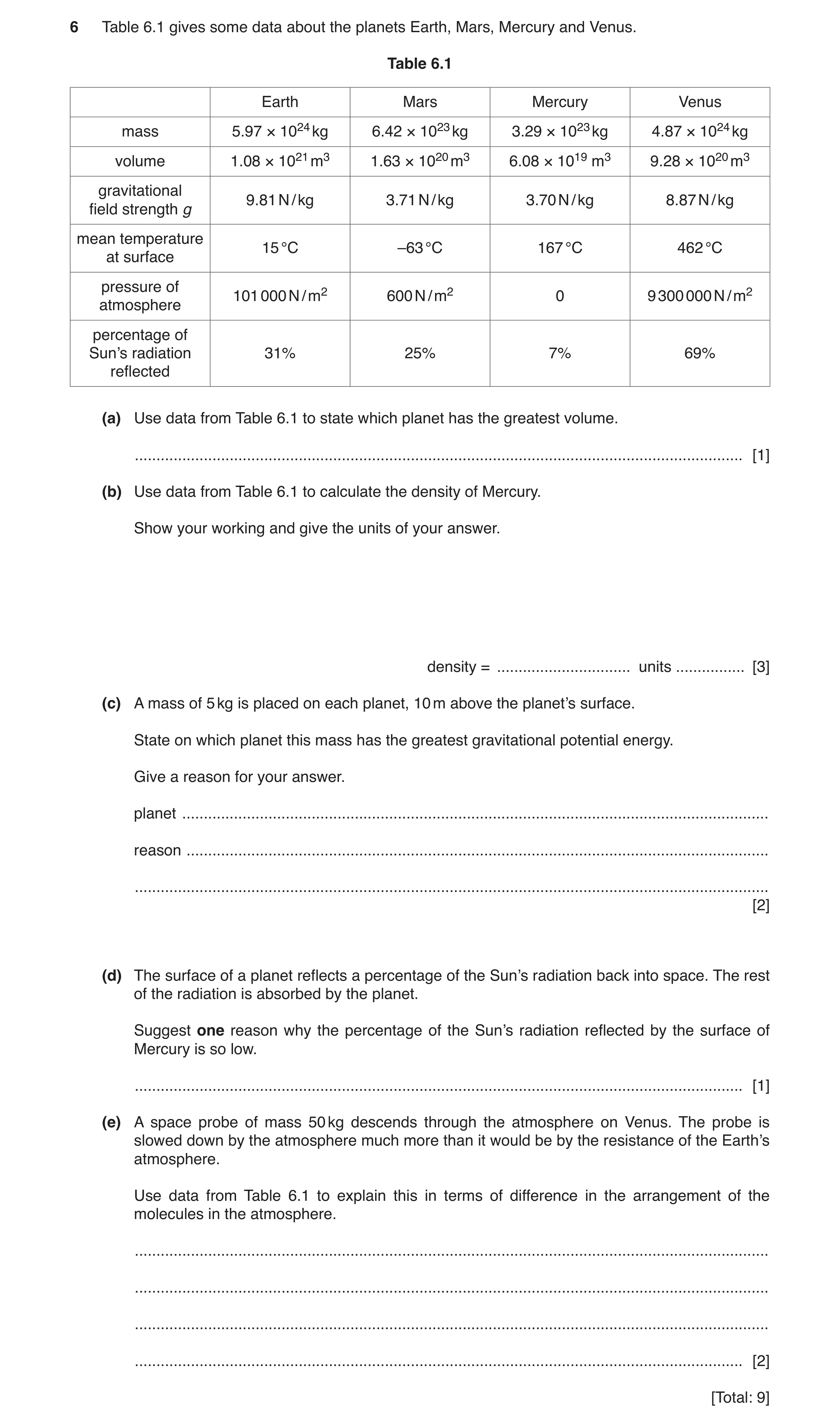 Question 14: Table 6.1 gives some data about the planets Earth, Mars, Mercury and Venus. Table 6.1 Earth Mars Mercury Venus mass 5.97 × 1024 kg 6.42 × 1…