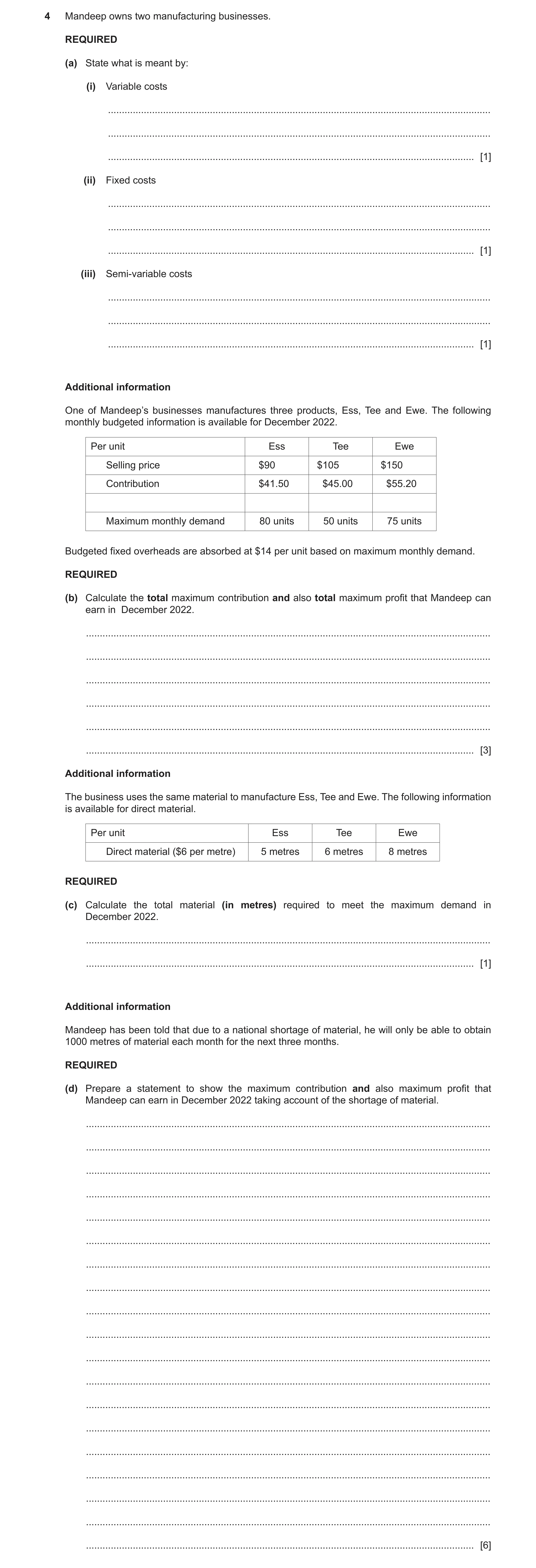 Question 21: Mandeep owns two manufacturing businesses. REQUIRED (a) State what is meant by: (i) Variable costs ........................................…