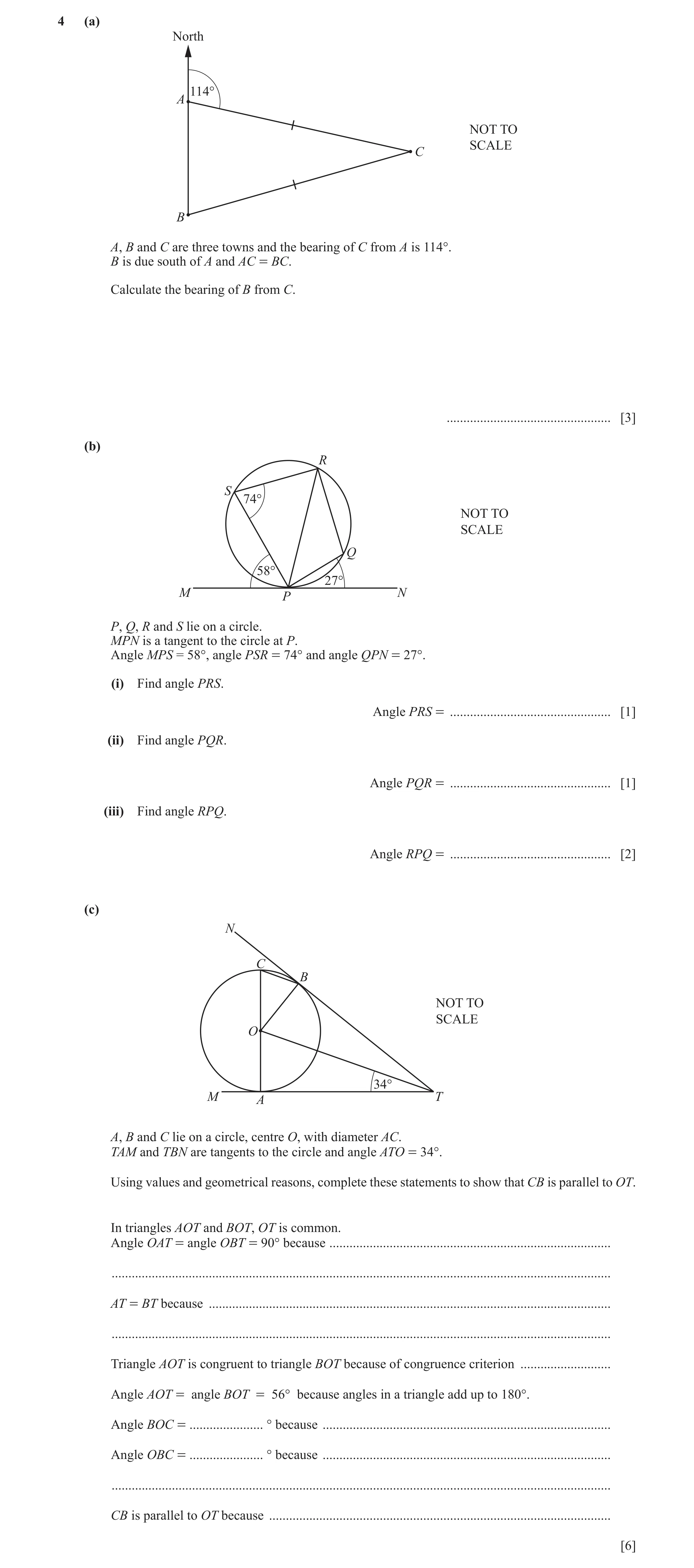 Question 13: (a) North 114° A NOT TO SCALE C B A, B and C are three towns and the bearing of C from A is 114°. B is due south of A and AC = BC. Calculat…