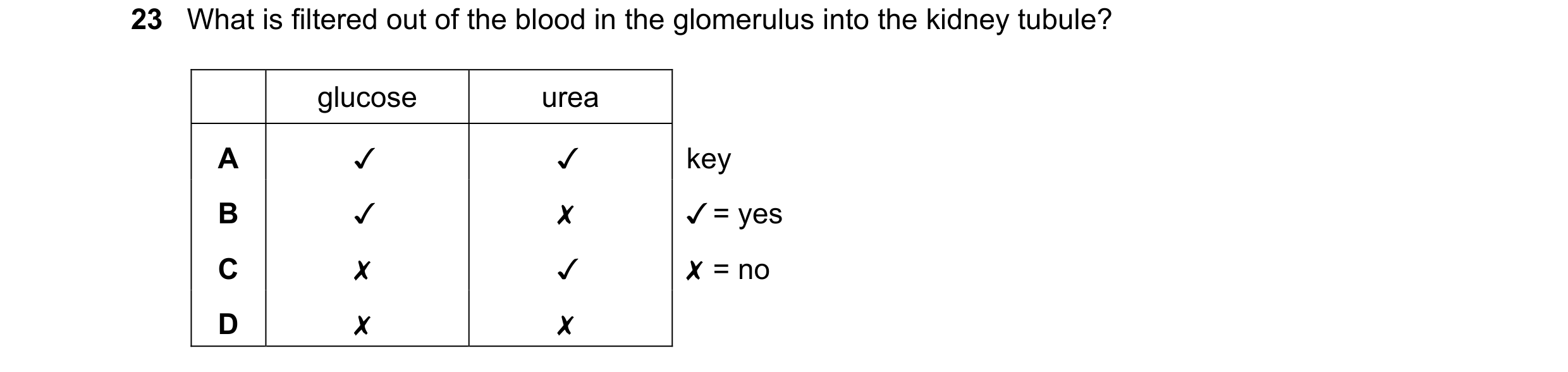 Question 9: What is filtered out of the blood in the glomerulus into the kidney tubule?
glucose urea
A v v key
B Jv x J/ = yes
Cc x v X =no
D x x
