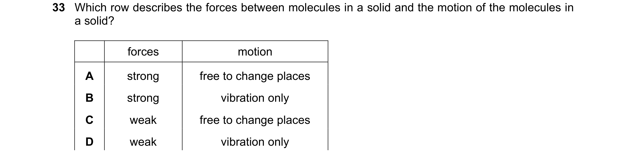 Question 21: Which row describes the forces between molecules in a solid and the motion of the molecules in a solid? forces motion A strong free to chan…