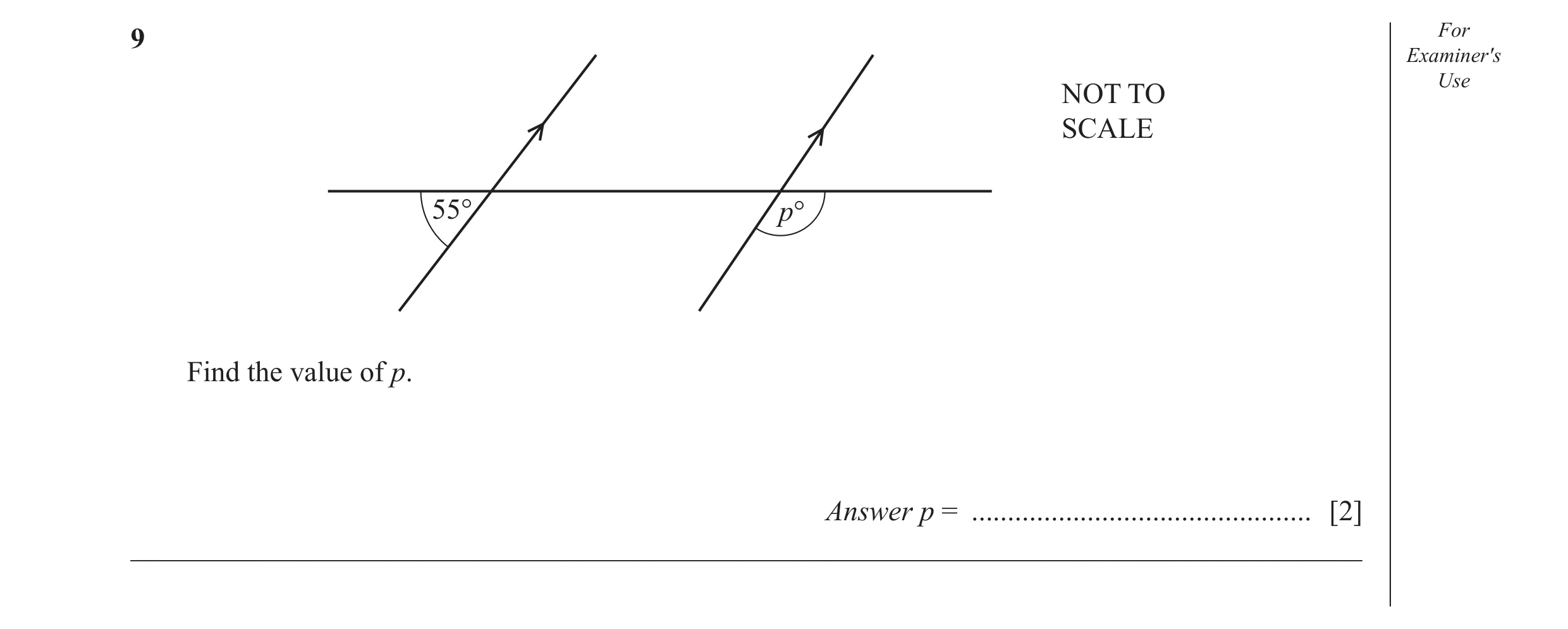 Question 38: For Examiner′s NOT TO Use SCALE 55° p° Find the value of p. Answer p = ............................................... [2] ________________…