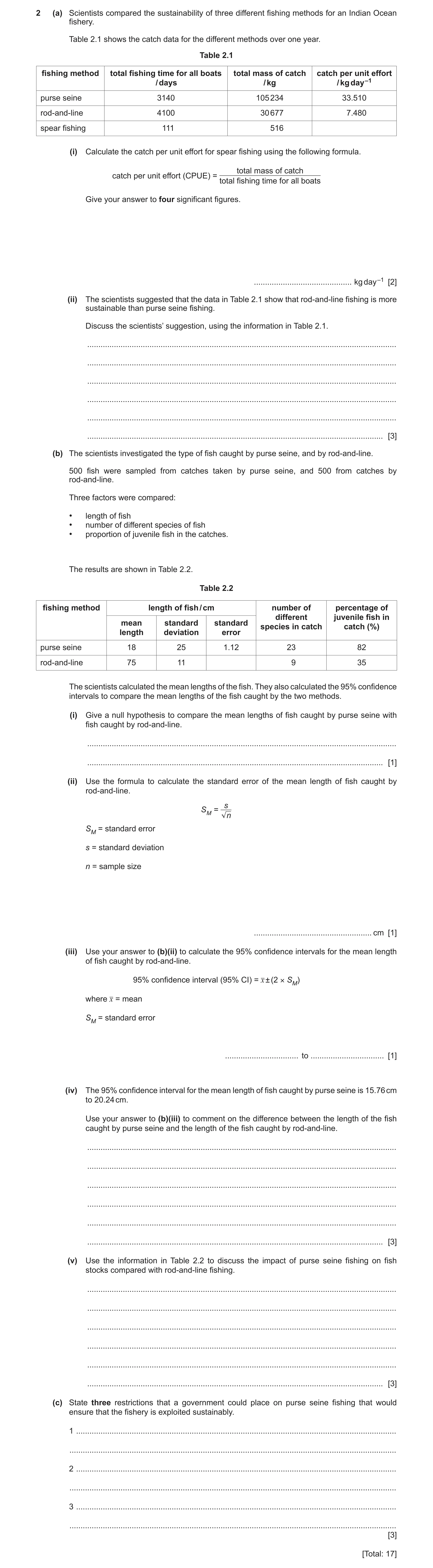 Question 10: (a) Scientists compared the sustainability of three different fishing methods for an Indian Ocean fishery. Table 2.1 shows the catch data f…