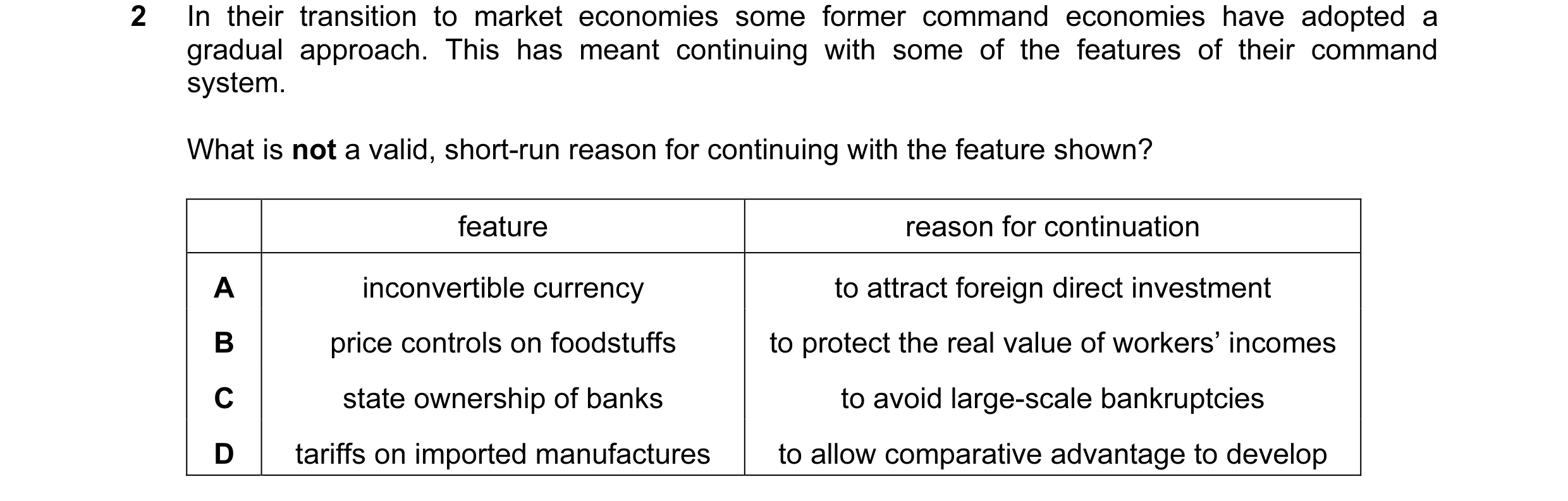 Question 57: In their transition to market economies some former command economies have adopted a gradual approach. This has meant continuing with some …