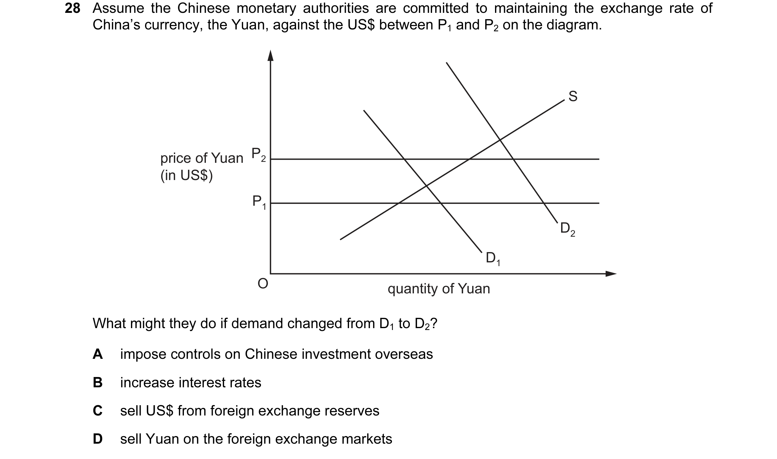 Question 103: Assume the Chinese monetary authorities are committed to maintaining the exchange rate of China’s currency, the Yuan, against the US$ betwe…