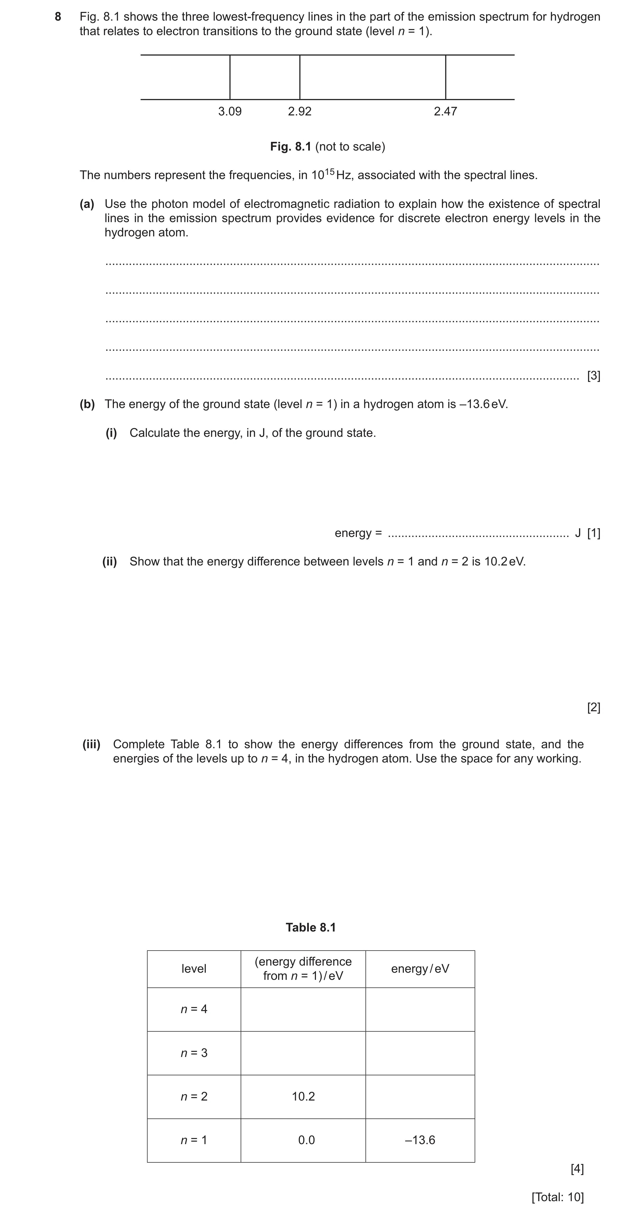 Question 14: Fig. 8.1 shows the three lowest-frequency lines in the part of the emission spectrum for hydrogen that relates to electron transitions to t…