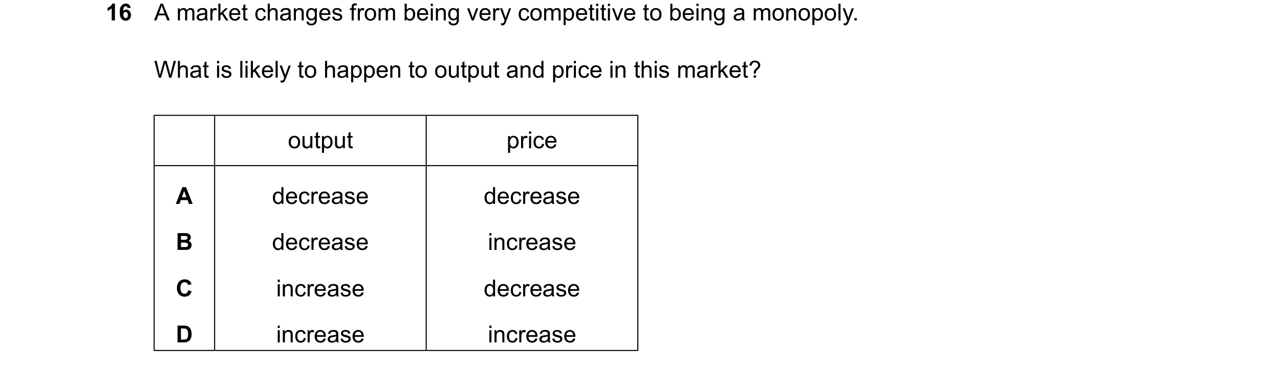 Question 83: A market changes from being very competitive to being a monopoly. What is likely to happen to output and price in this market? output price…
